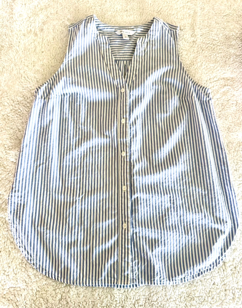 Nine West Top Womens S Blue White Pin Stripe Sleeveless Button Up Preppy Classic